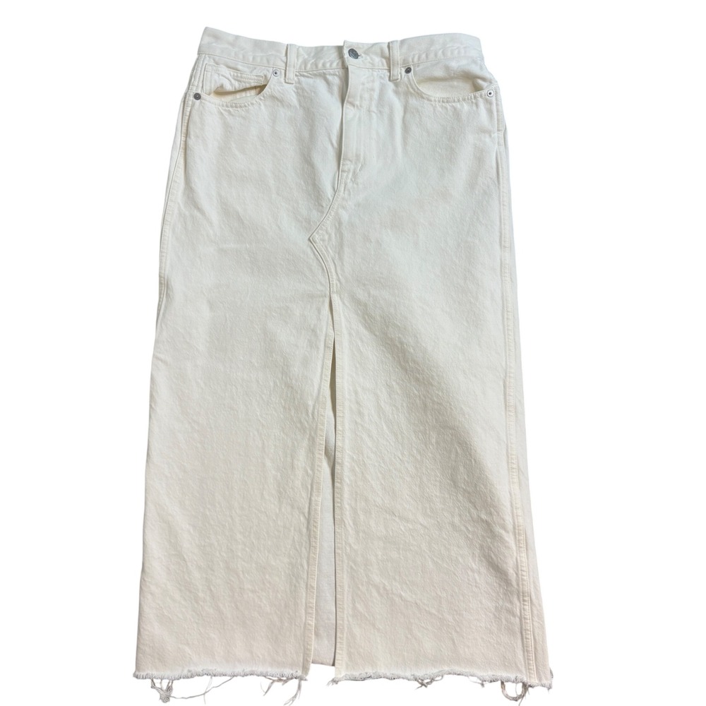 Madewell The Rilee Denim Midi Maxi Skirt 30 Tile White Raw Hem Front Slit NQ802